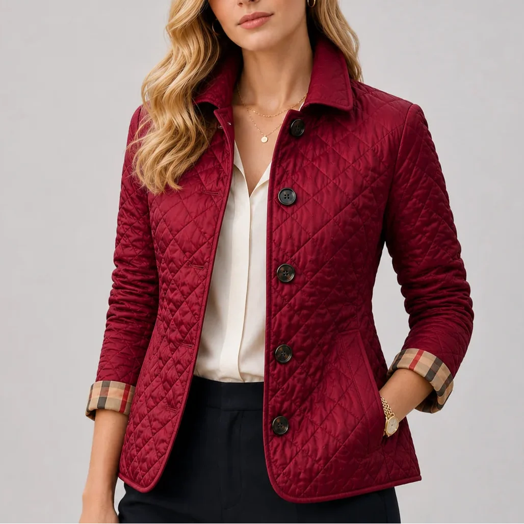 Women's Quilted Jacket - Button-Up Lightweight Coat with Stand Collar