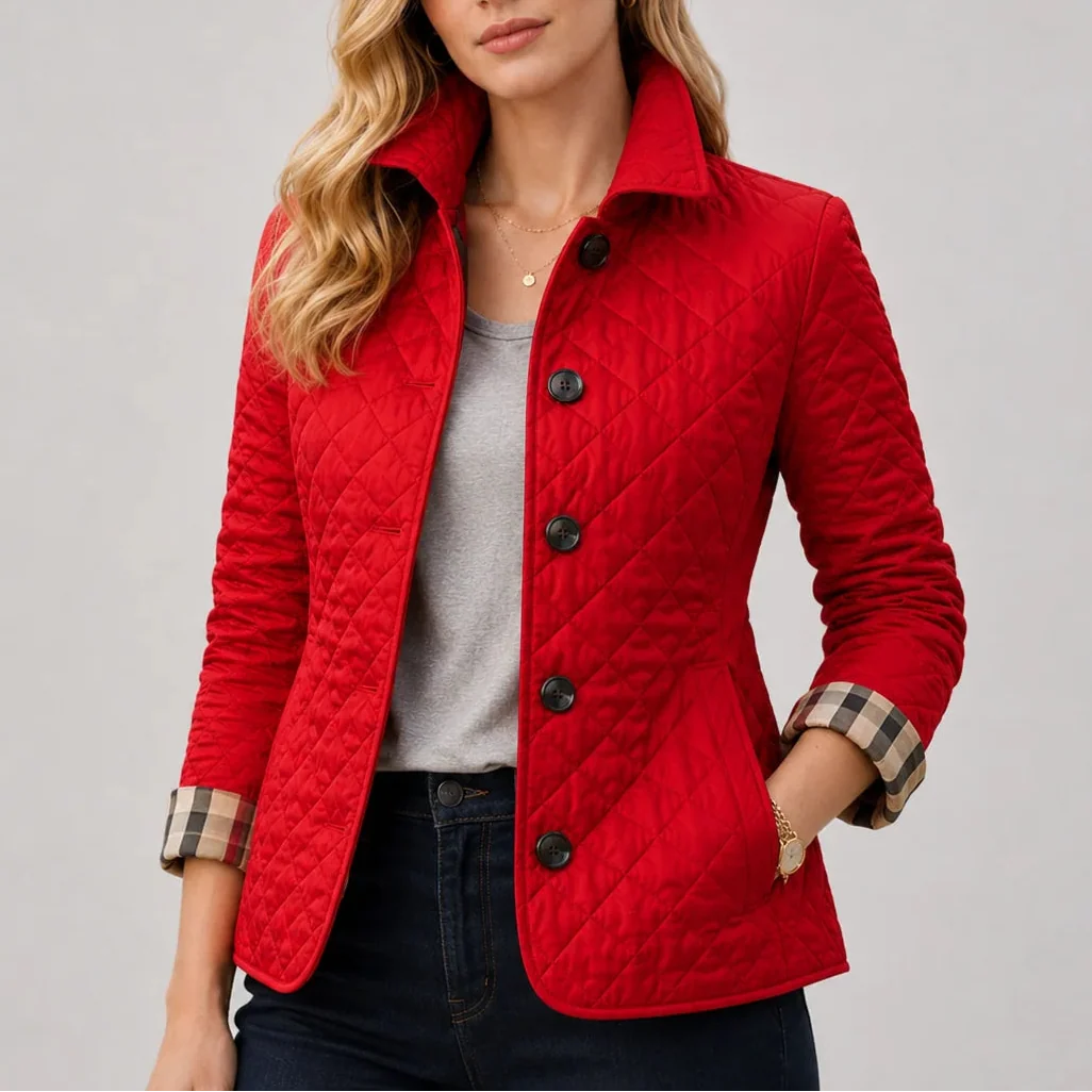 Women's Quilted Jacket - Button-Up Lightweight Coat with Stand Collar