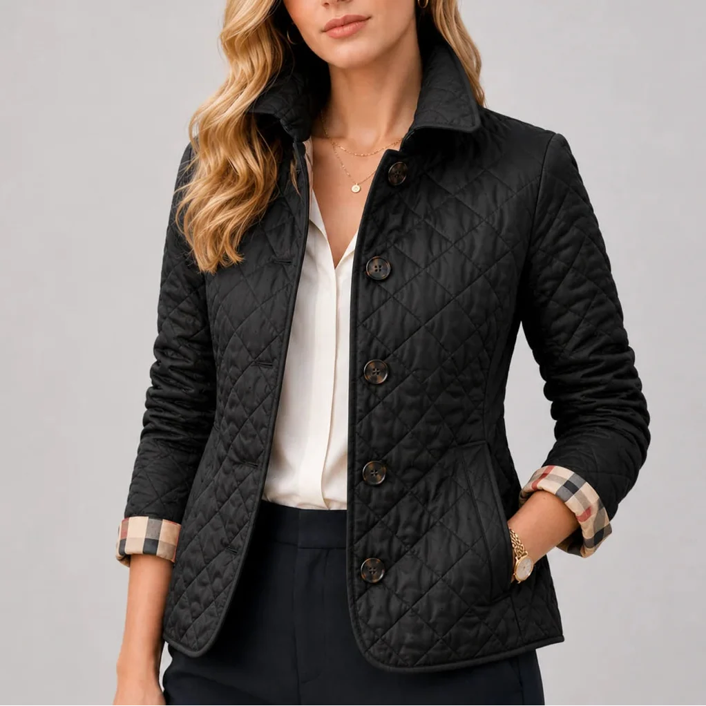 Women's Quilted Jacket - Button-Up Lightweight Coat with Stand Collar