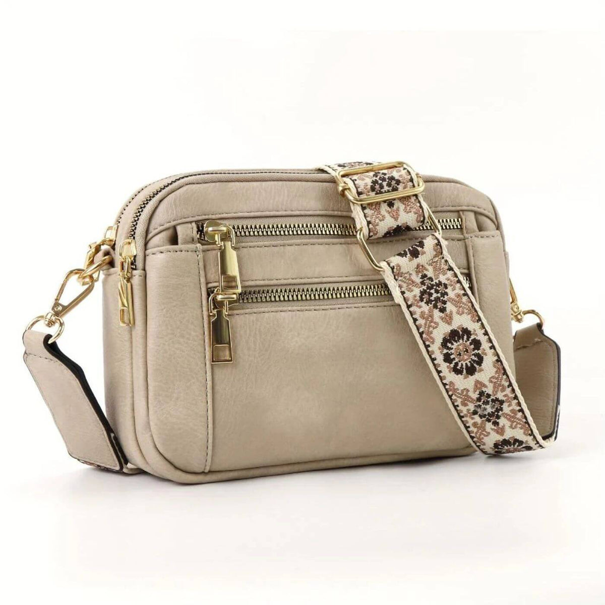 Crossbody Bag with Embroidered Boho Strap and Multi-Zip Pockets