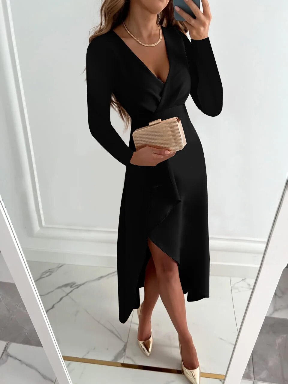 Eva | Women’s V Neck Sheath Midi Dress Slit