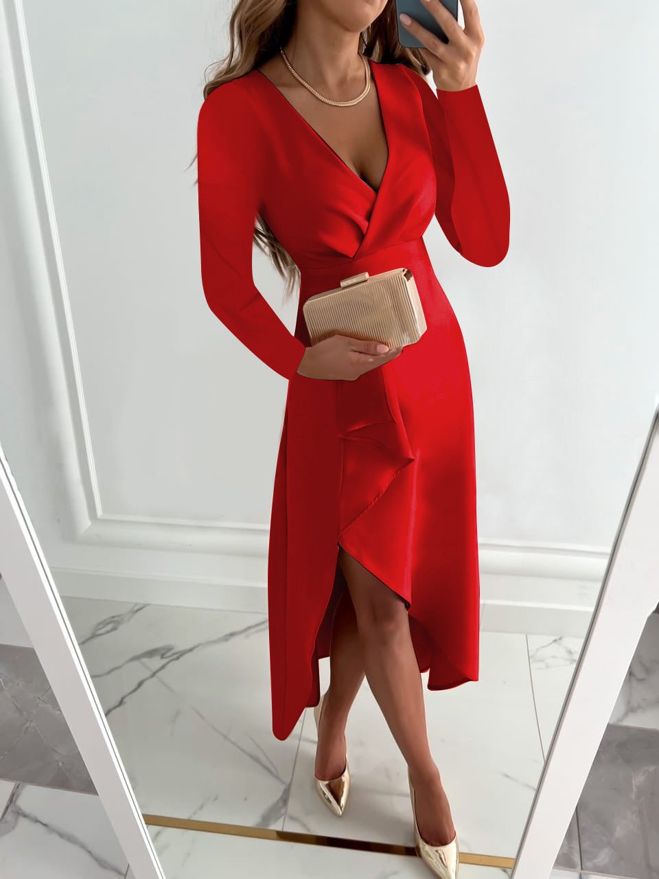 Eva | Women’s V Neck Sheath Midi Dress Slit