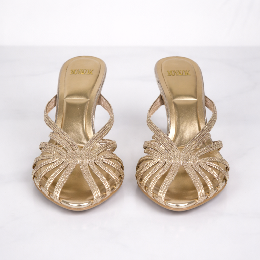 Women’s Gold Strappy Mule Heels – Elegant Open Toe