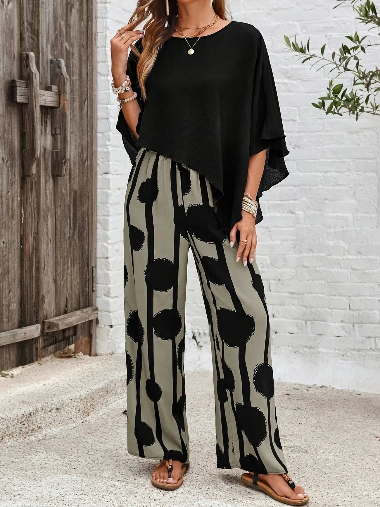 Milavie | Asymmetric Top & Printed Pants Set