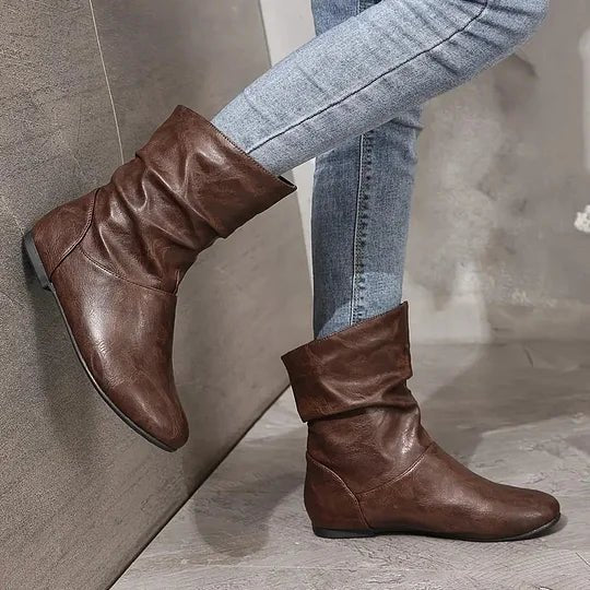 Flat Leather Ankle Boots with Slouch Detail