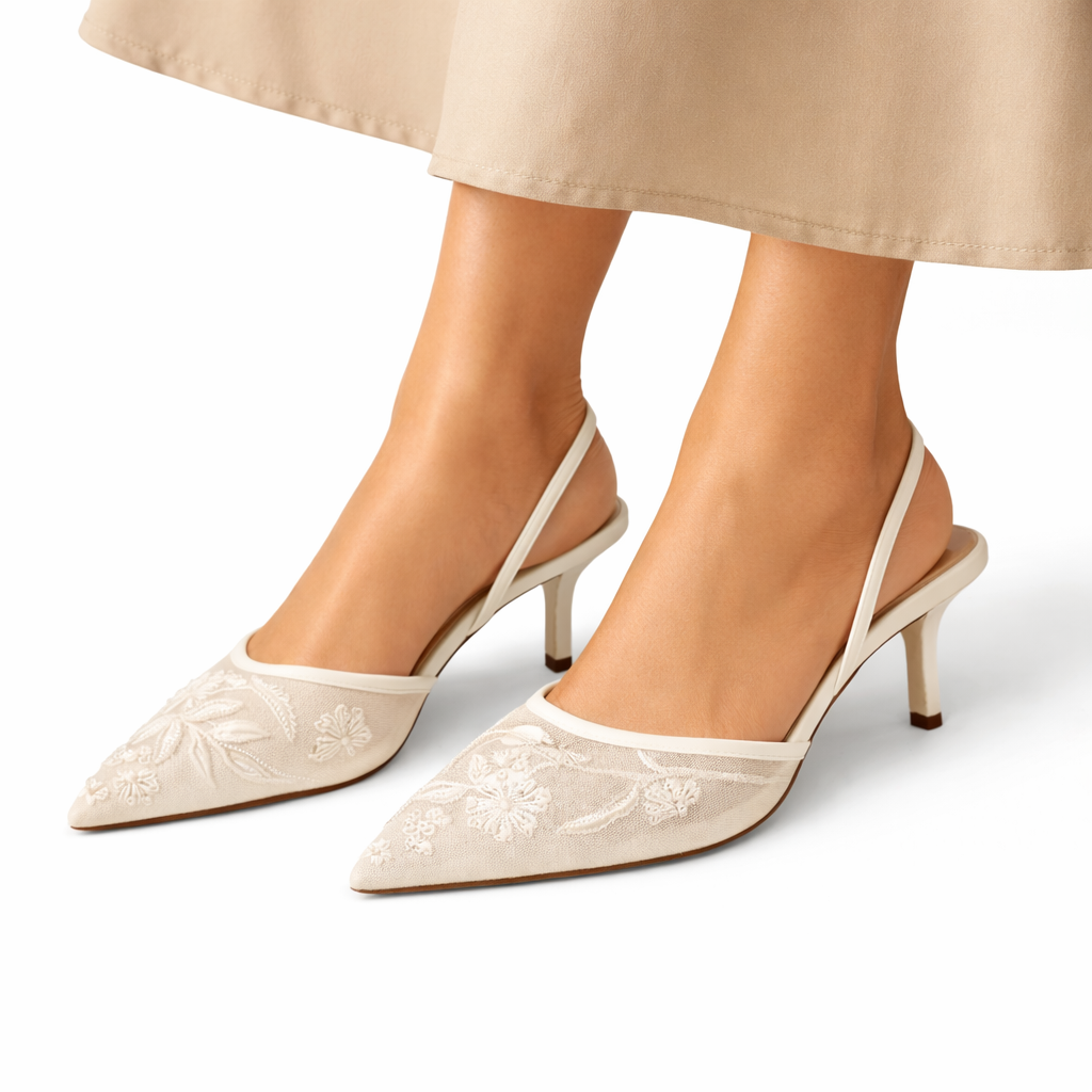 Women’s Embroidered Mesh Mule Heels – Floral Detail, Elegant Pointed Toe