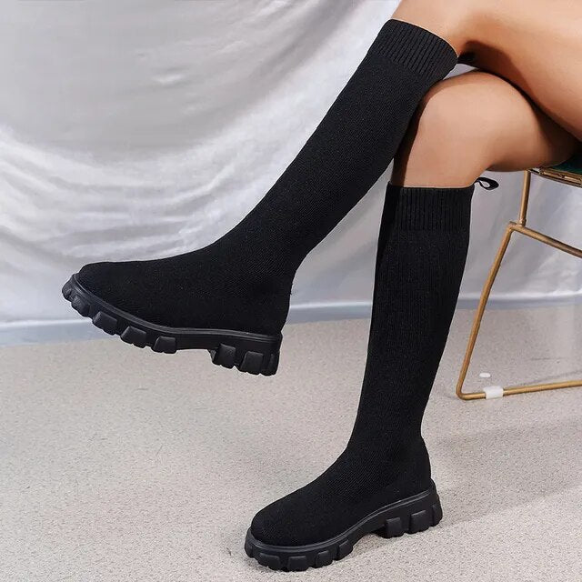Amelia | Stretchy Knit Chunky Boots for Women