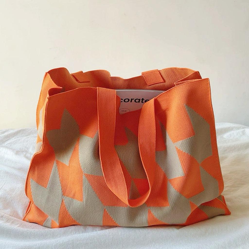 Large Knit Tote Bag with Bold Geometric Print