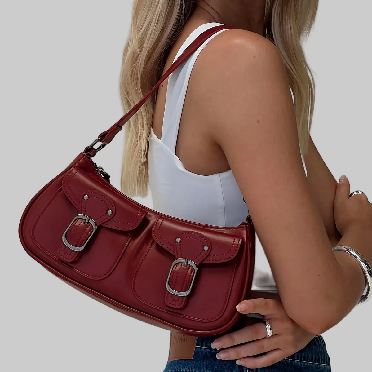 Leather Shoulder Bag with Double Front Buckle Pockets