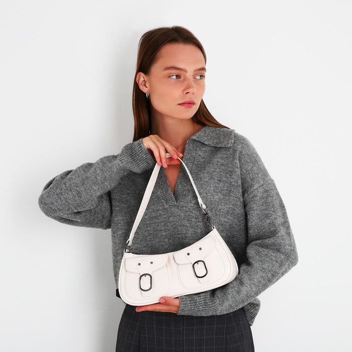 Leather Shoulder Bag with Double Front Buckle Pockets