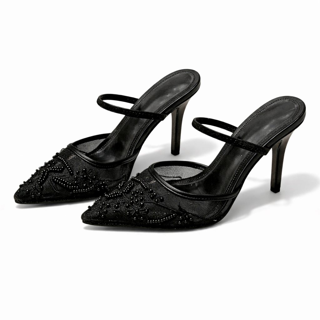 Women’s Embroidered Mesh Mule Heels – Floral Detail, Elegant Pointed Toe