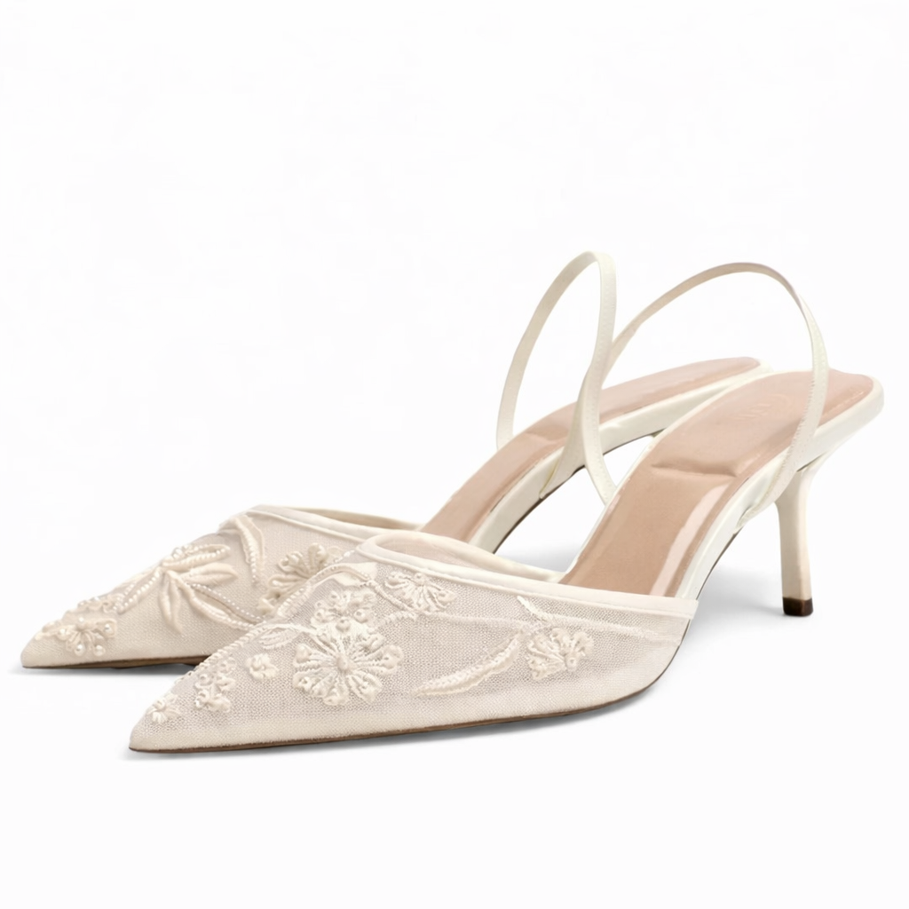 Women’s Embroidered Mesh Mule Heels – Floral Detail, Elegant Pointed Toe