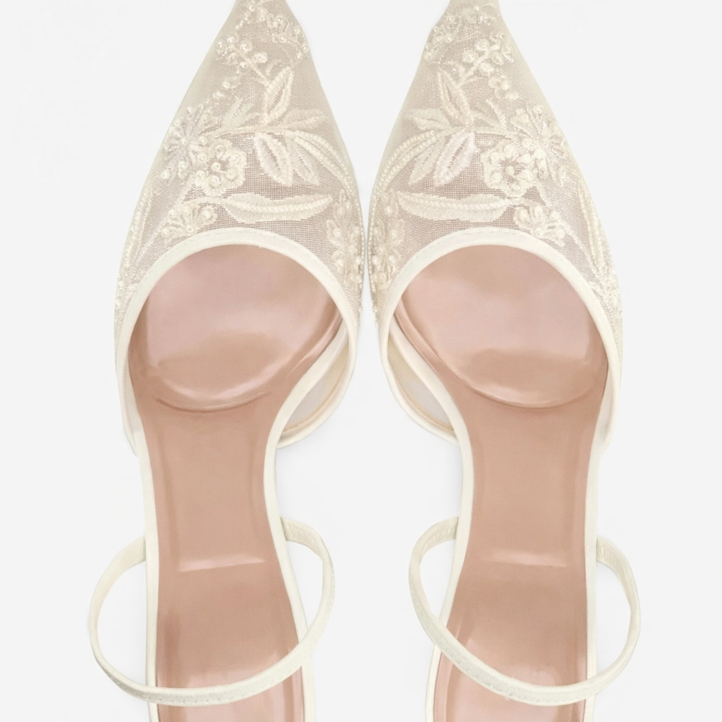 Women’s Embroidered Mesh Mule Heels – Floral Detail, Elegant Pointed Toe