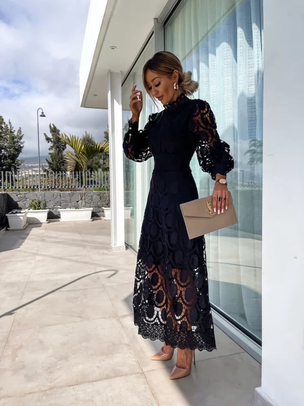 Luna Fashion House | Lace Puff Sleeve Dress – Elegant High Neck Occasion Dress