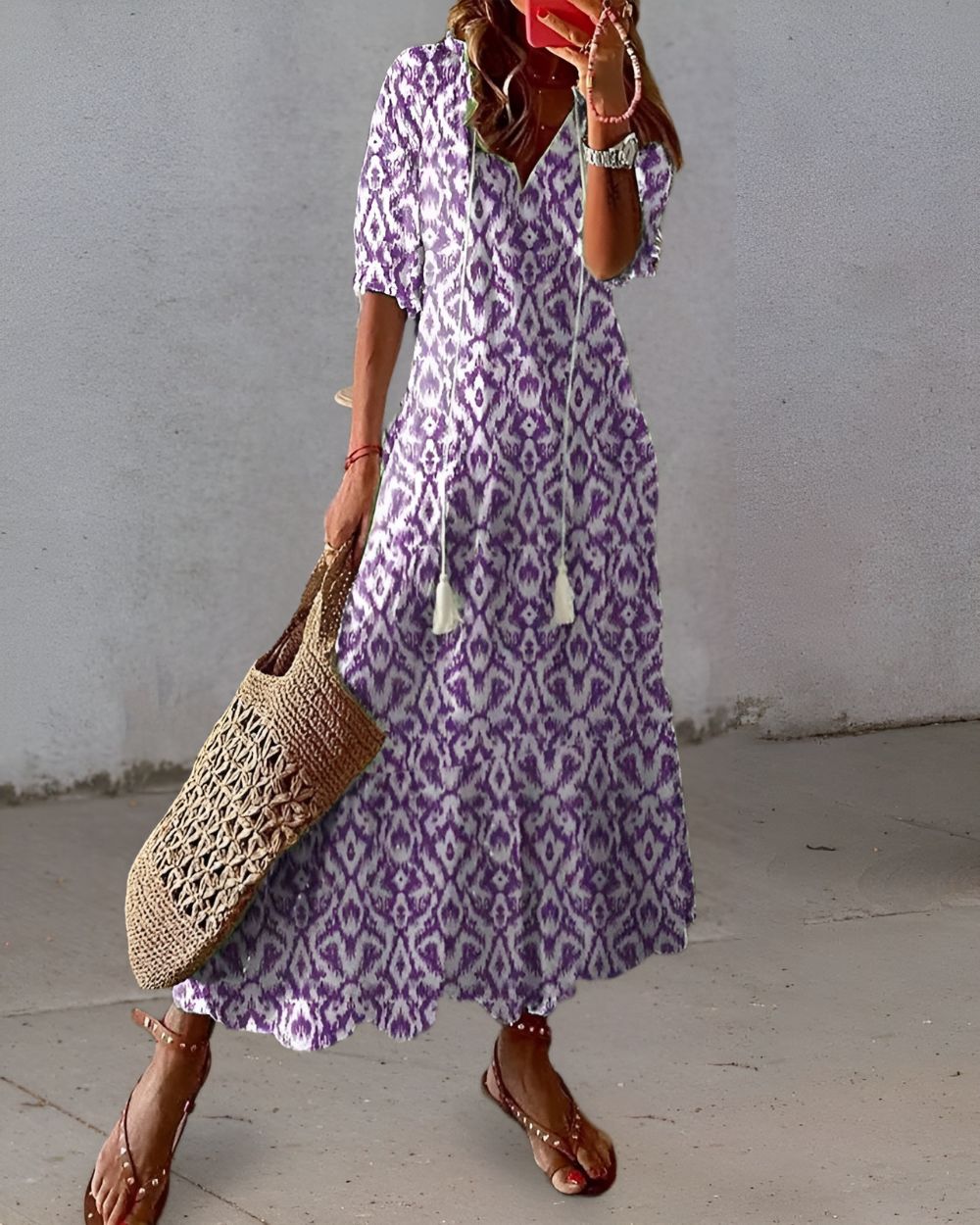 Heidi | | Women’s Printed Tassel V Neck Maxi Dress