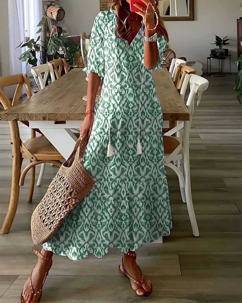 Heidi | | Women’s Printed Tassel V Neck Maxi Dress