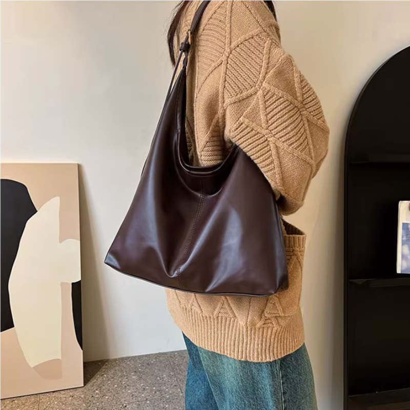 Pebbled Leather Hobo Shoulder Bag in Relaxed Crescent Shape