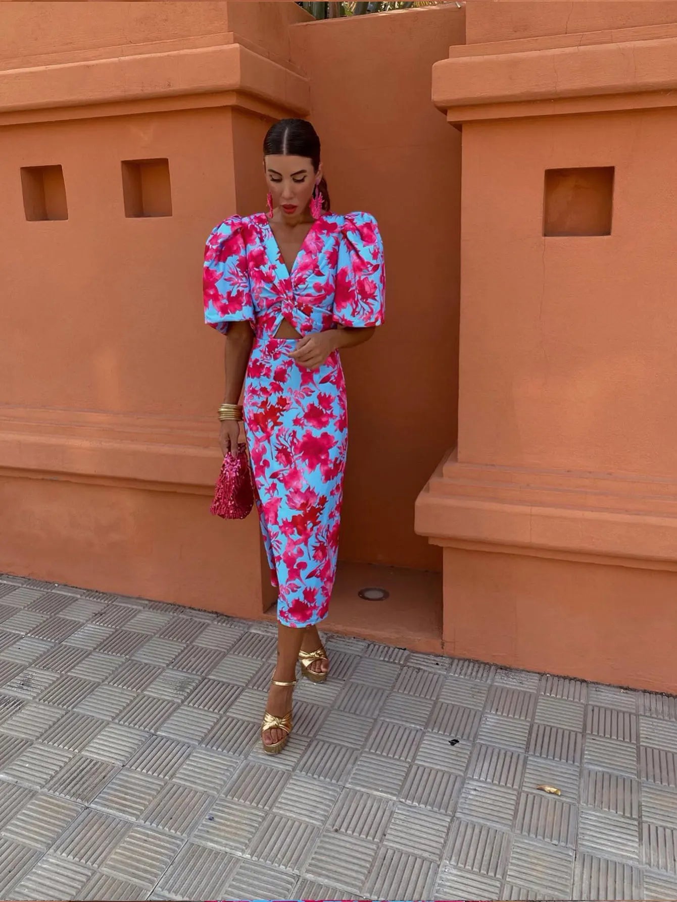 Natalie | Women’s Summer Printed Puff Sleeve Midi Dress