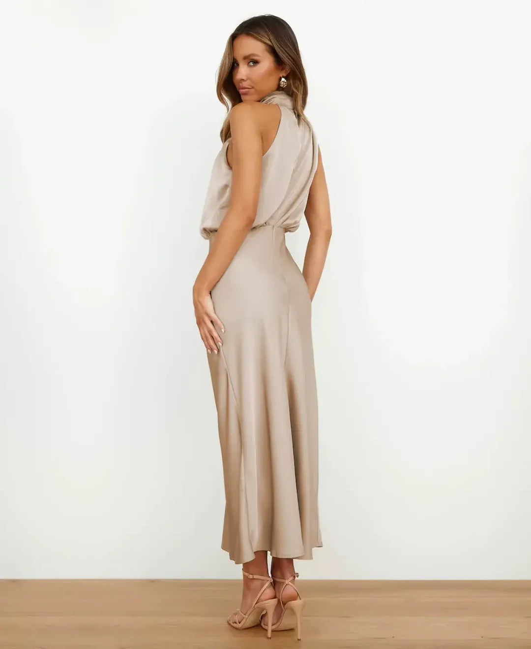 Catherine | Women’s Satin Halter-Style Formal Midi Dress
