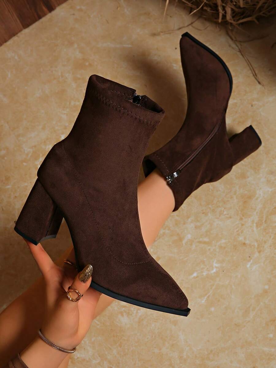 Suede Ankle Boots with Block Heel and Pointed Toe