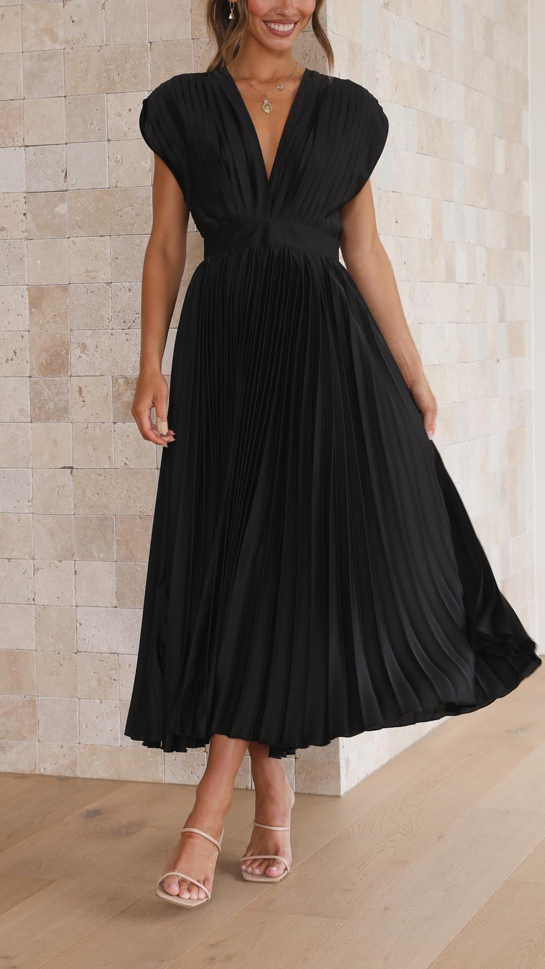 Audrey | Women Elegant Deep V Pleated Midi Dress