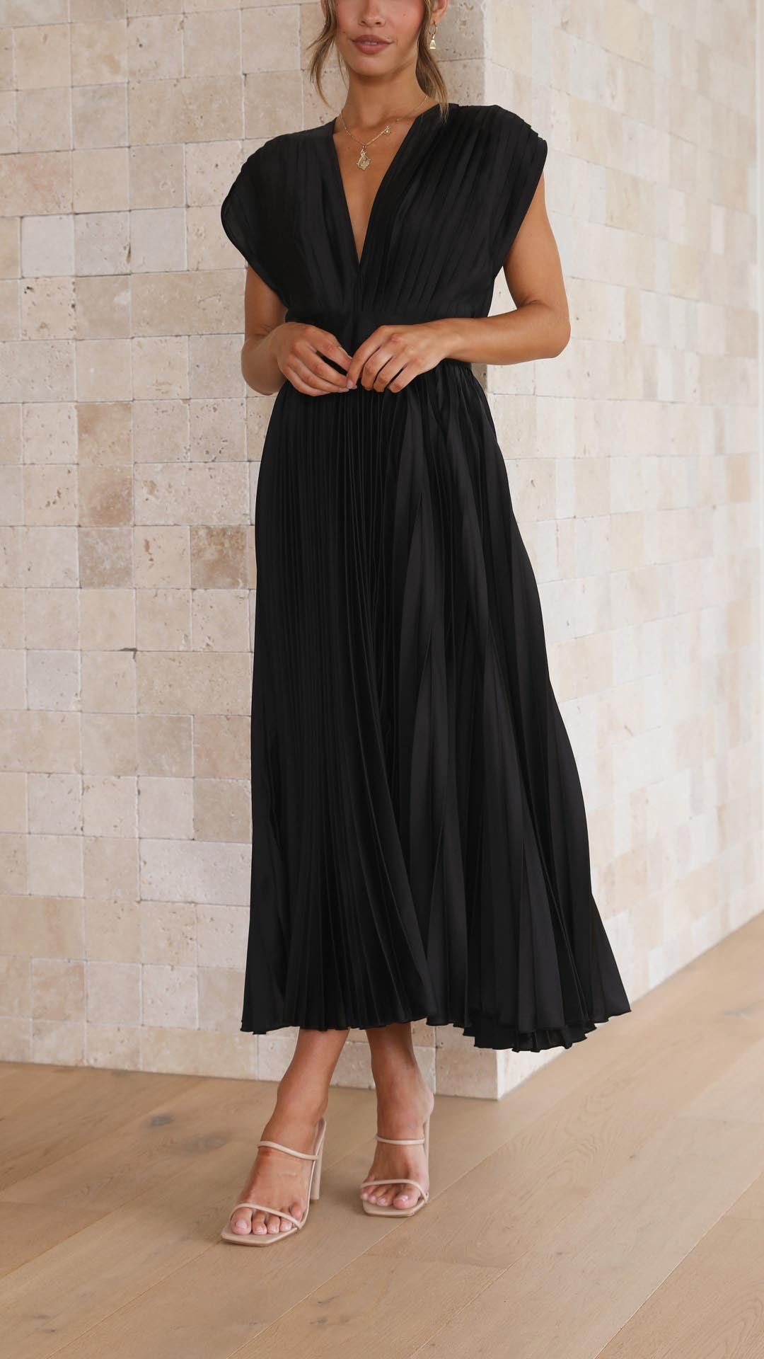Audrey | Women Elegant Deep V Pleated Midi Dress
