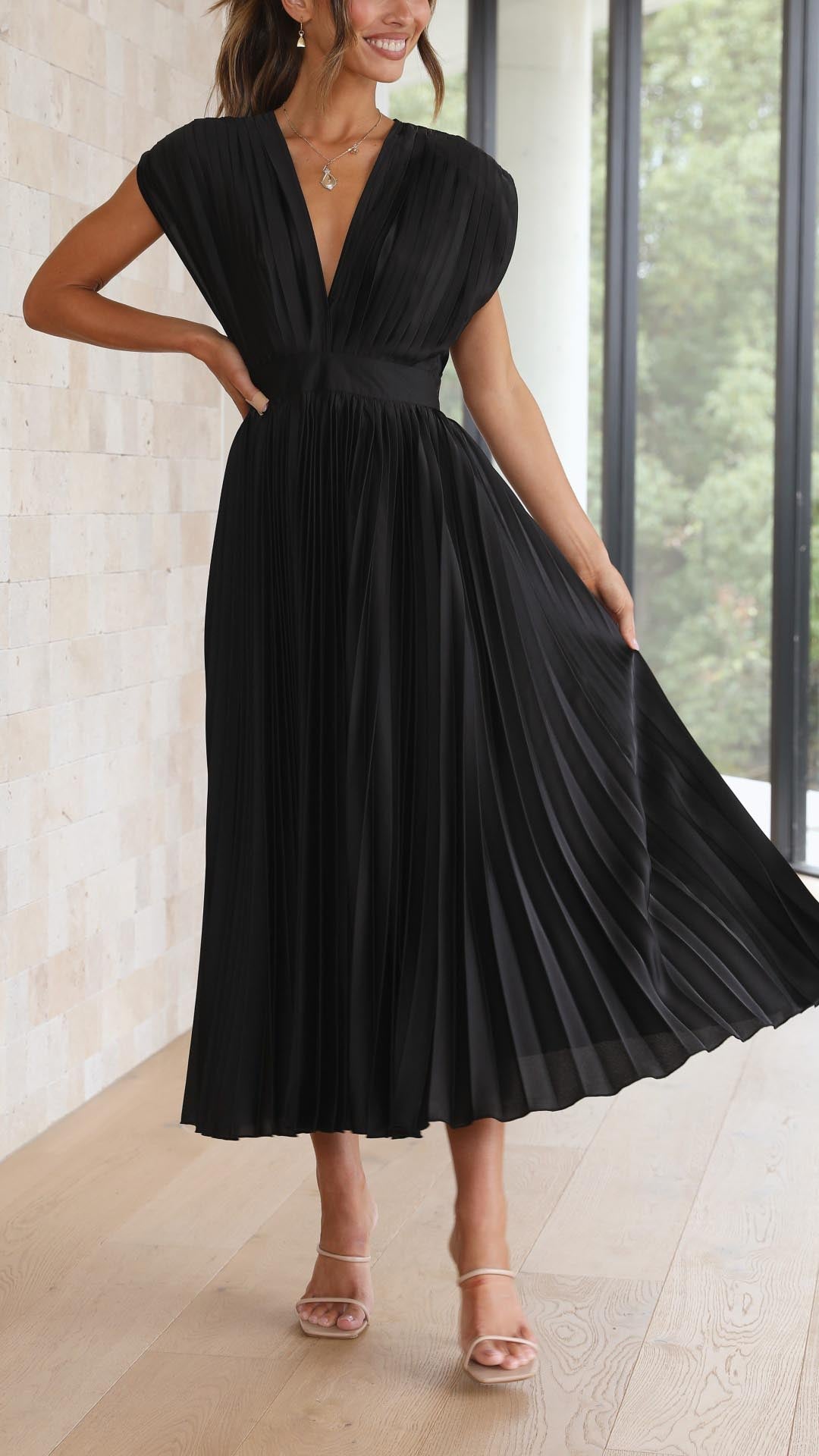 Audrey | Women Elegant Deep V Pleated Midi Dress