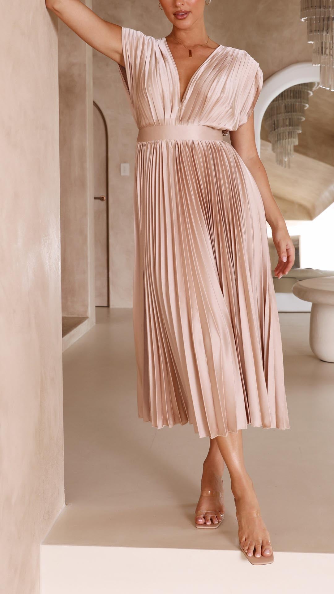 Audrey | Women Elegant Deep V Pleated Midi Dress