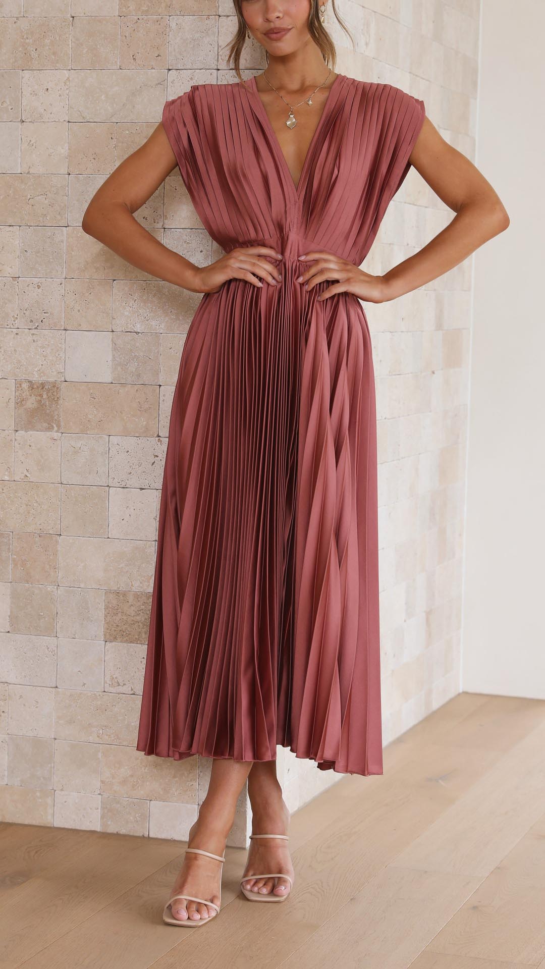Audrey | Women Elegant Deep V Pleated Midi Dress