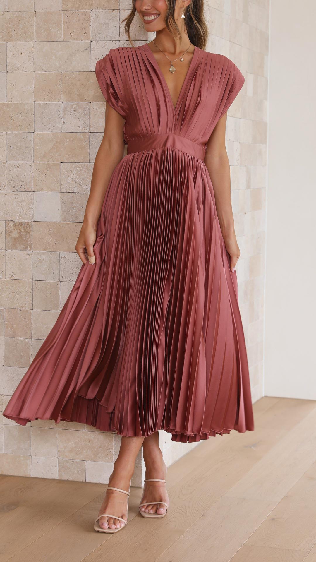 Audrey | Women Elegant Deep V Pleated Midi Dress
