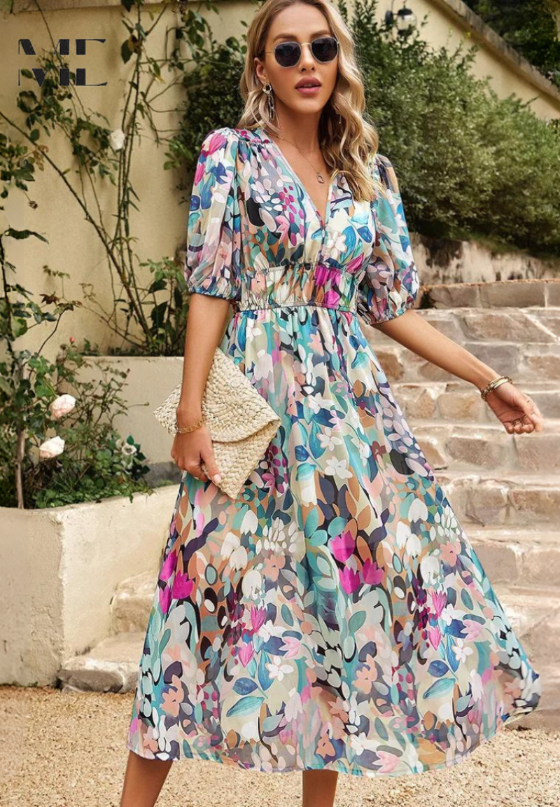 Ava | Women Colorful Floral V Neck Midi Dress