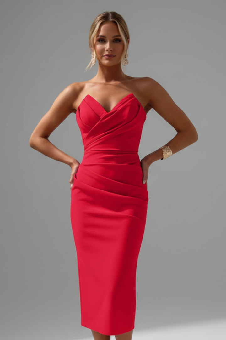 Eleanor | Women’s Strapless Ruched Skirt Midi Dress