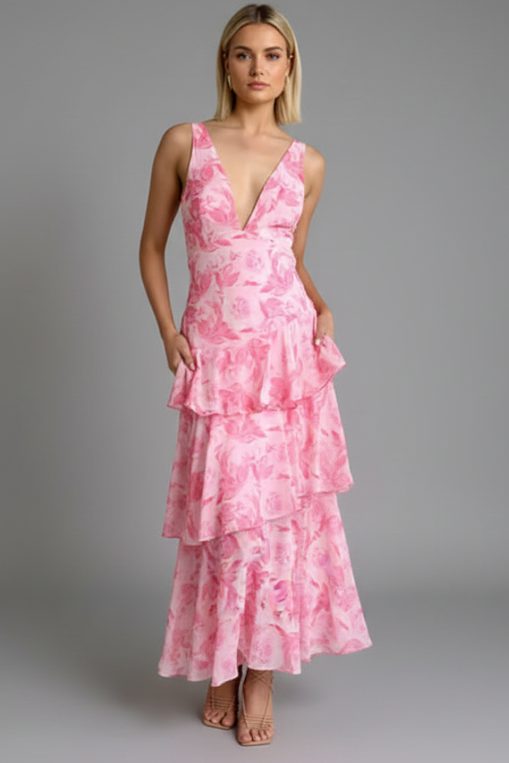 Sophie | Women’s V-Neck Tiered Skirt Maxi Dress