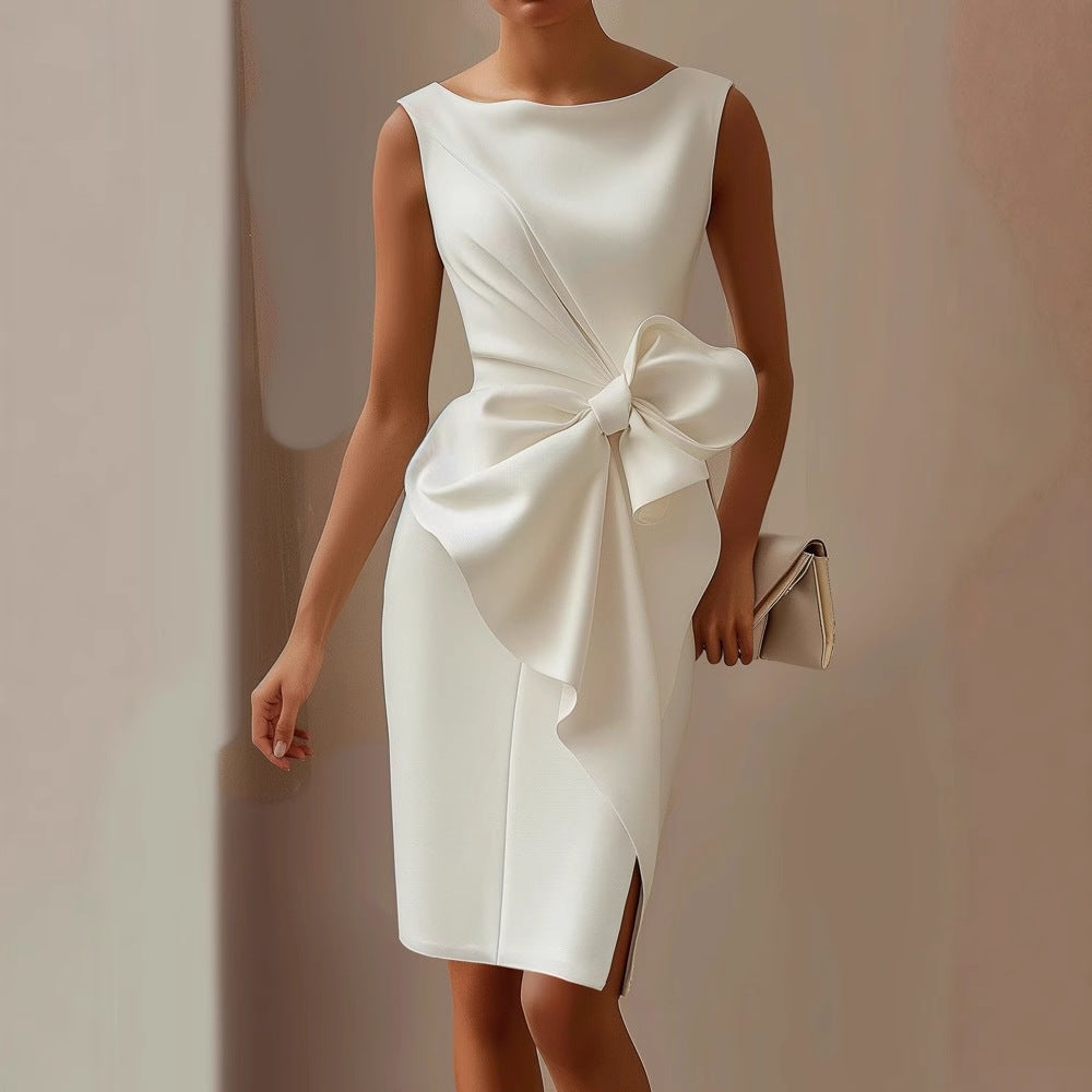 Women's Sleeveless Midi Dress - Boat Neck with Side Bow Detail