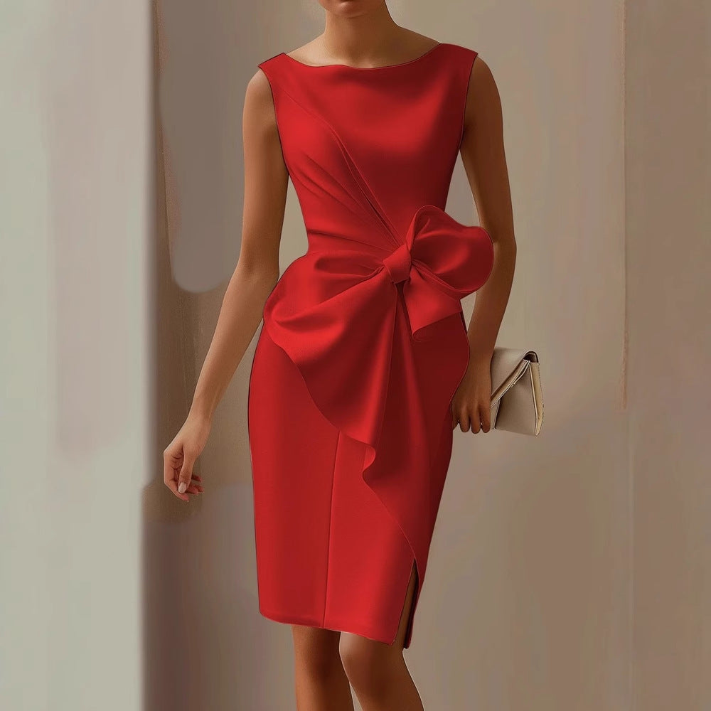 Women's Sleeveless Midi Dress - Boat Neck with Side Bow Detail