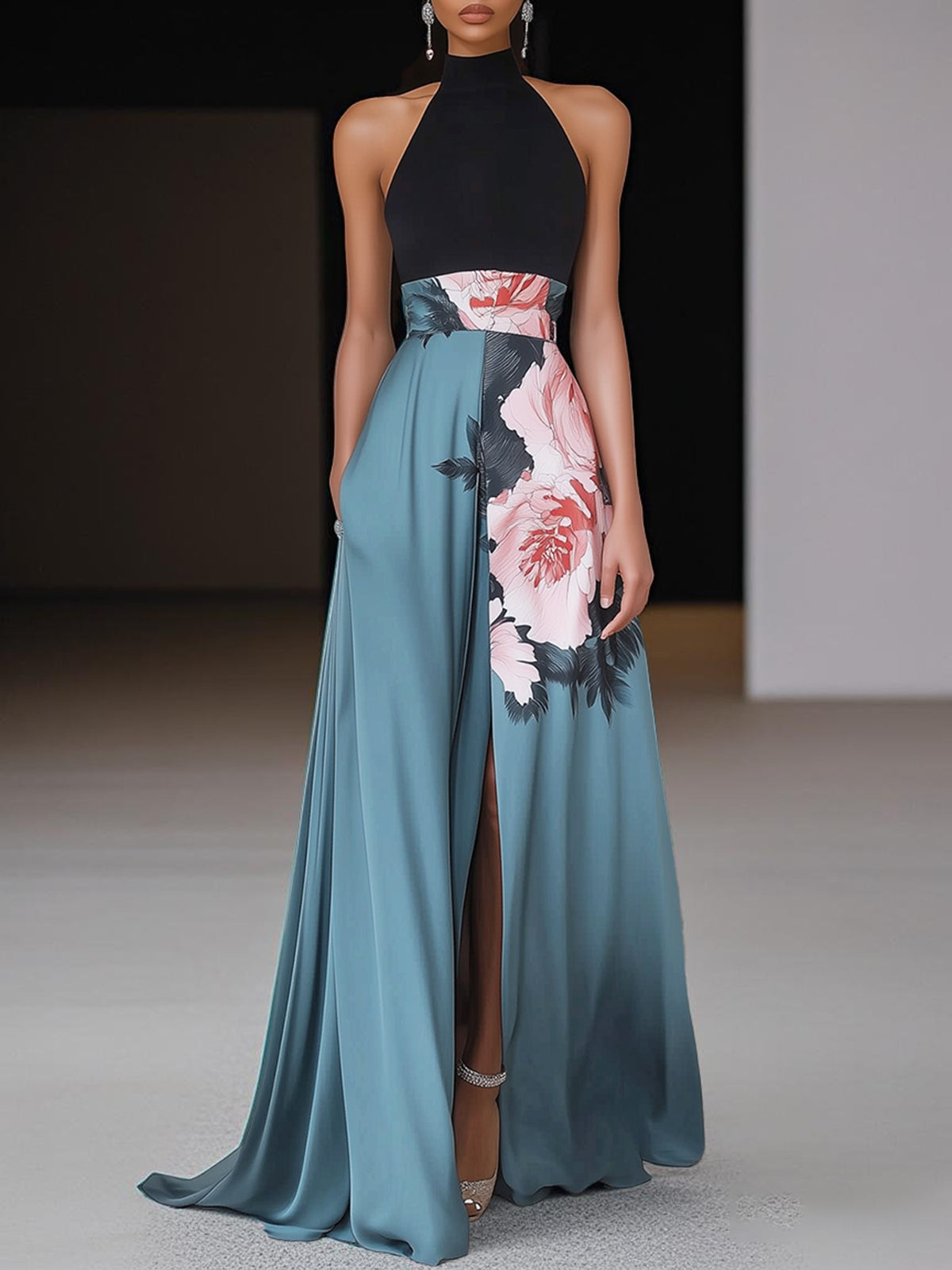 Lauren | Women’s Halter Neck Floral Split Maxi Dress