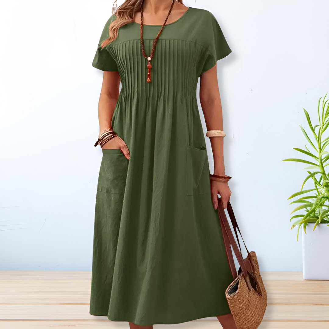 Gabriella | Women’s Pleated Short Sleeve Midi Dress