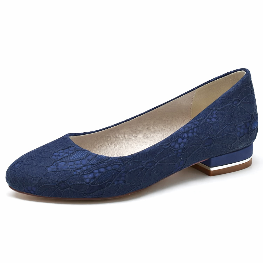 Women’s White Lace Bridal Flats – Round Toe Wedding Shoes with Low Heel Comfort