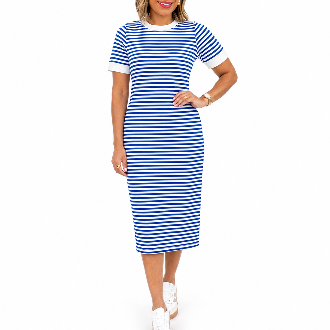 Women's Black and White Striped Midi T-Shirt Dress