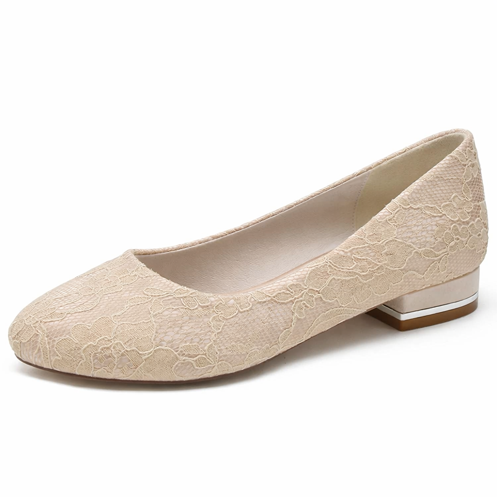 Women’s White Lace Bridal Flats – Round Toe Wedding Shoes with Low Heel Comfort