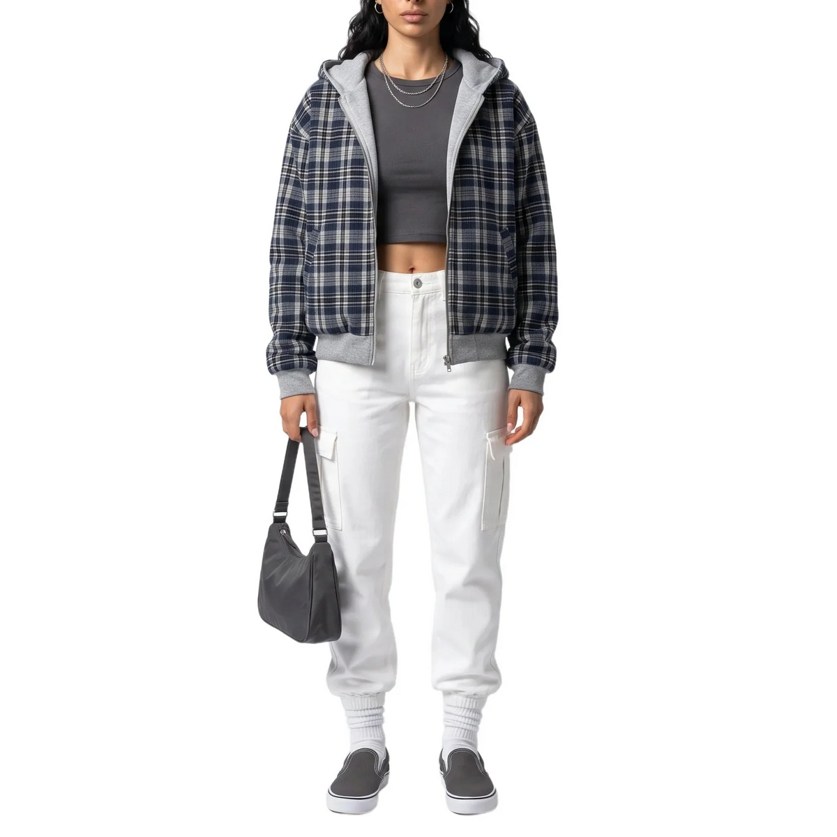 Women's Reversible Cropped Hooded Jacket – Check Pattern Zip-Up Hoodie