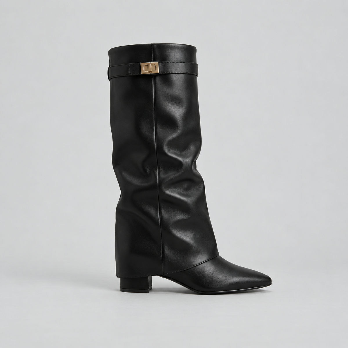 Women's Knee High Boots with Low Block Heel & Gold Buckle Detail