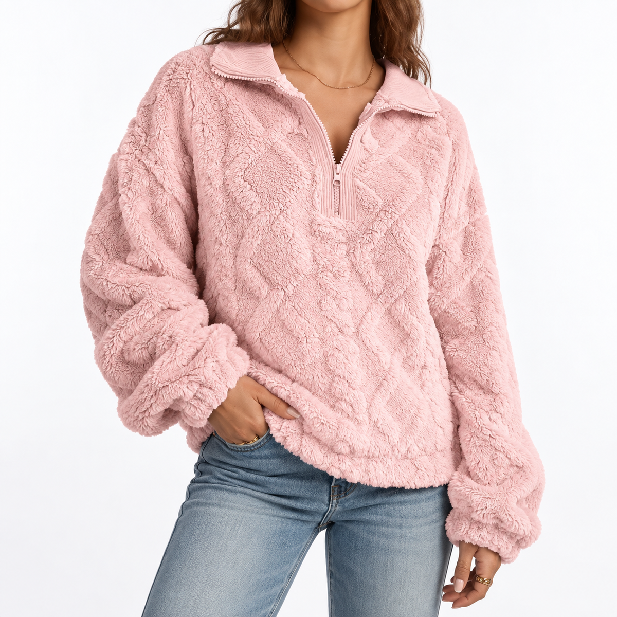 Women's Textured Fleece Pullover – Quarter Zip & Relaxed Fit