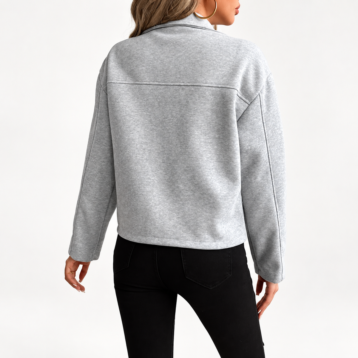 Women's Grey Zip-Up Utility Overshirt - Long Sleeve with Flap Pockets