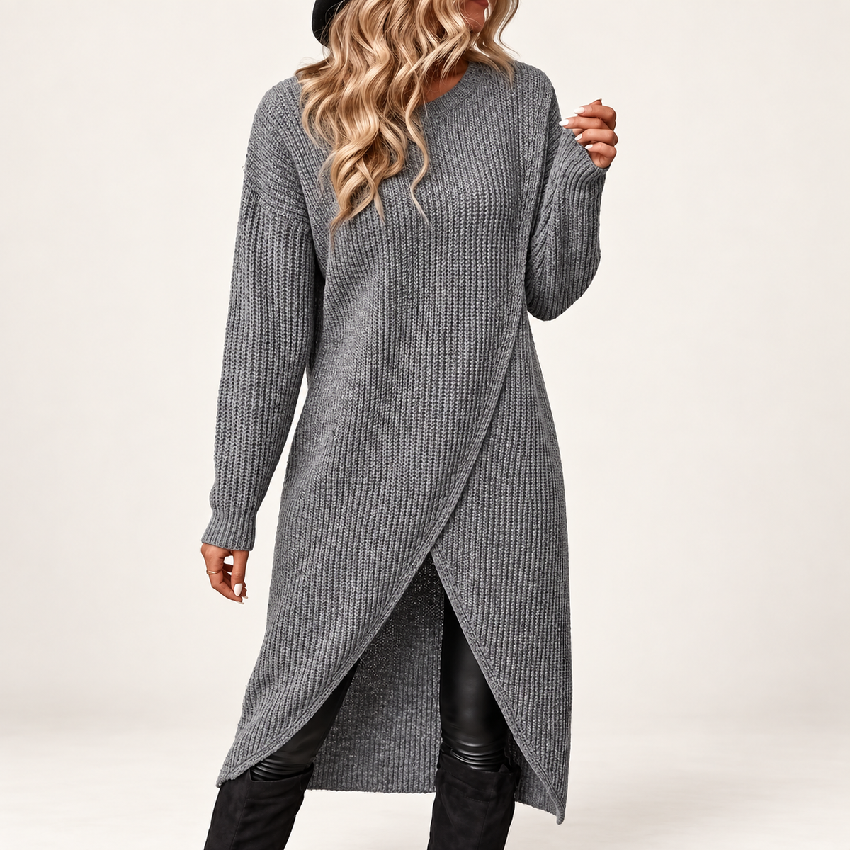 Women's Grey Ribbed Knit Sweater Dress | Long Sleeve Midi Tunic