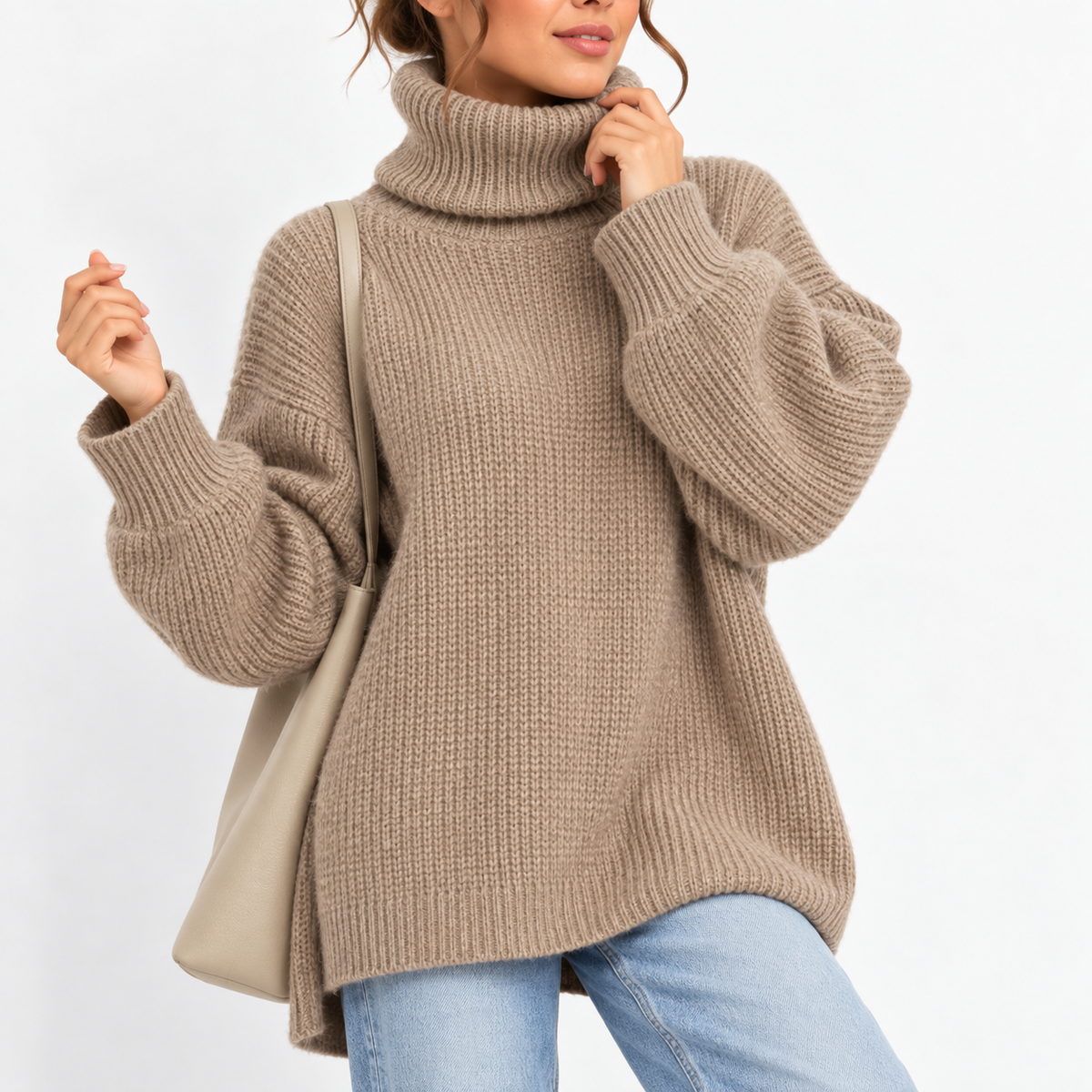 Women's Oversized Turtleneck Sweater with Waffle Knit Texture