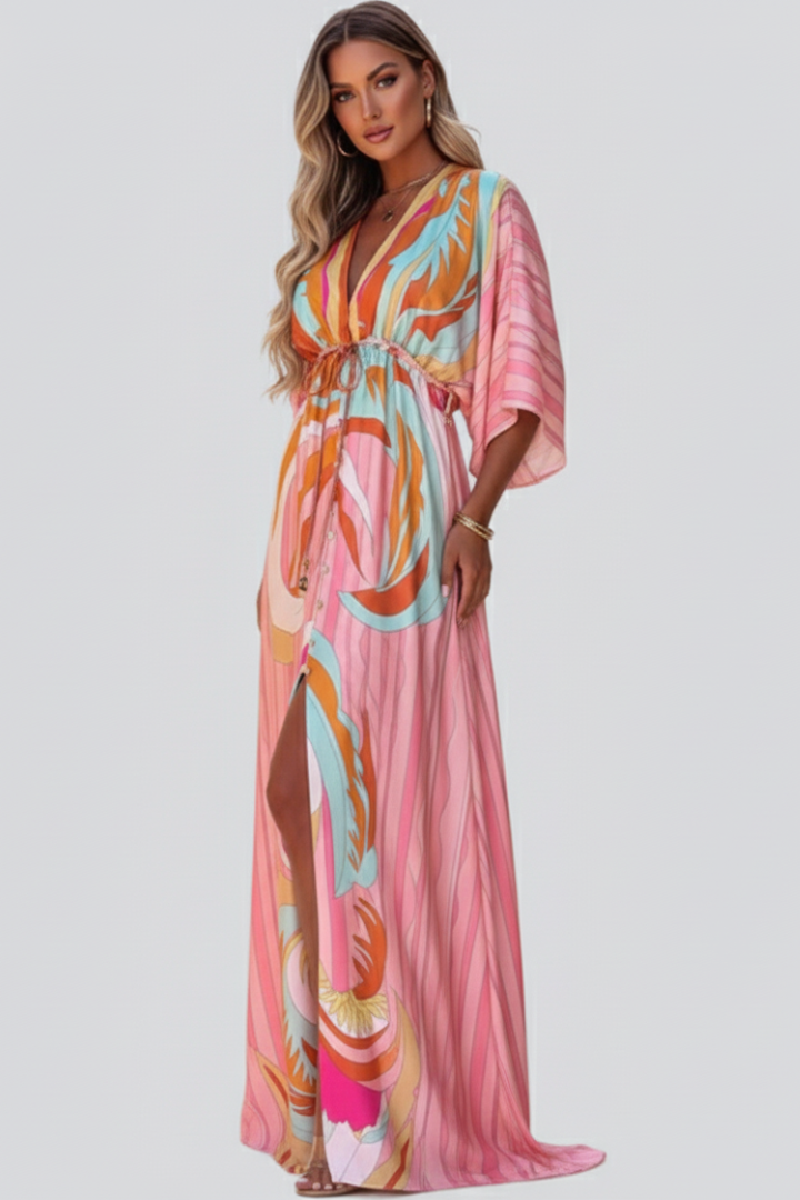 Madeline | Women’s Printed V-Neck Belted Maxi Dress