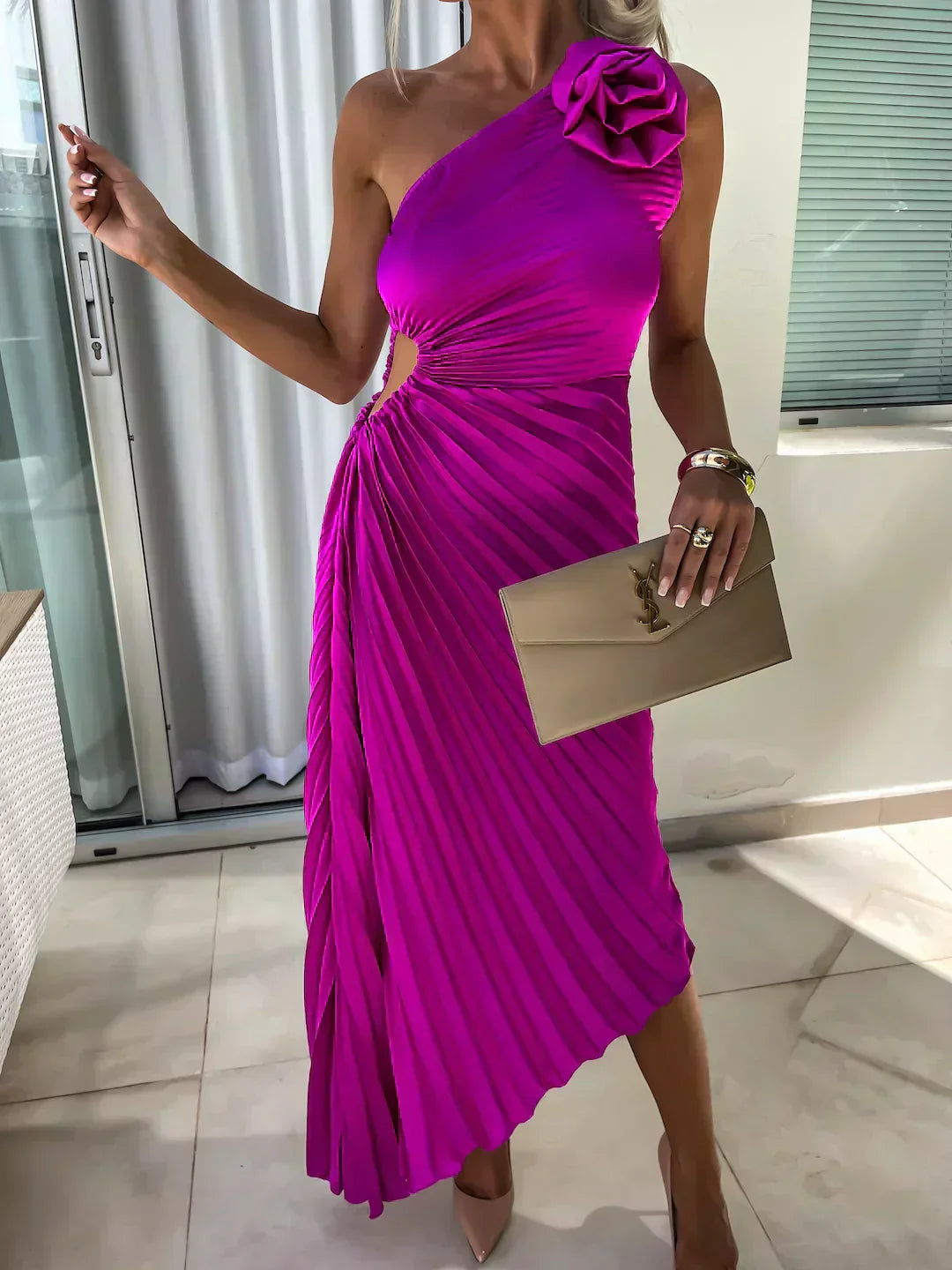 Violet | Women’s Pleated One Shoulder Midi Dress