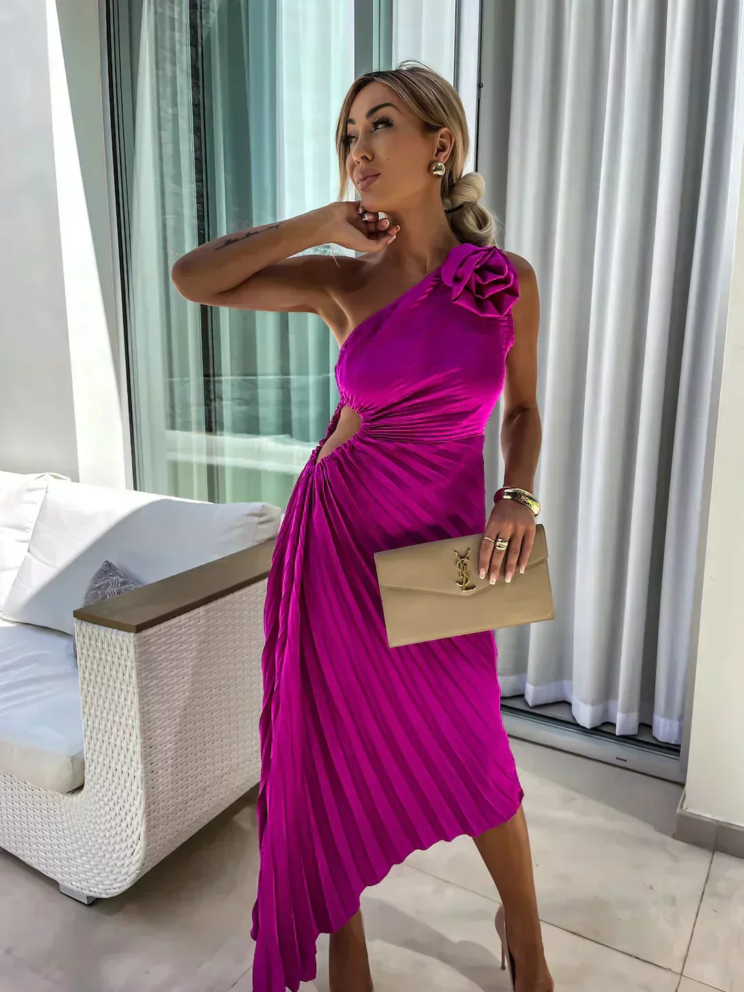 Violet | Women’s Pleated One Shoulder Midi Dress