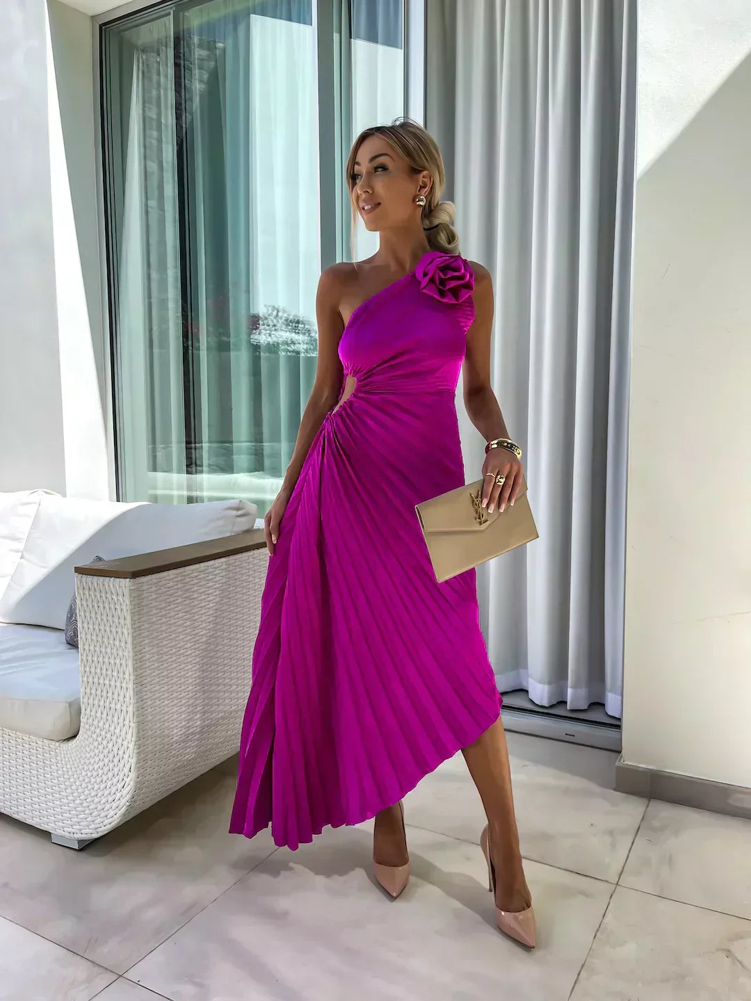 Violet | Women’s Pleated One Shoulder Midi Dress